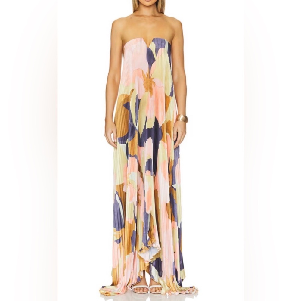 Strapless Pleated Maxi Dress in Pastel Floral